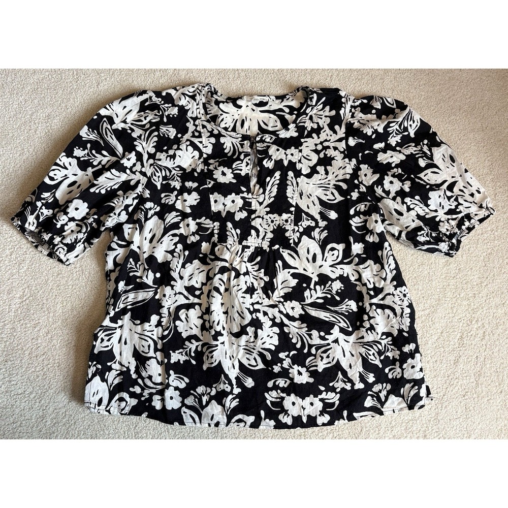 Christian Siriano Floral Puff Sleeve Blouse Size XL Linen Blend Black White